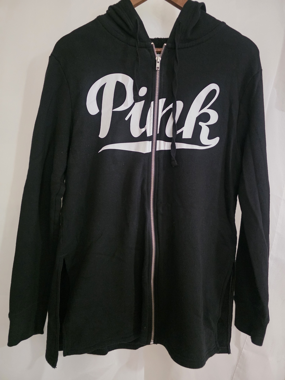 PINK Victoria's Secret Black Hoodie with White Logo Trim